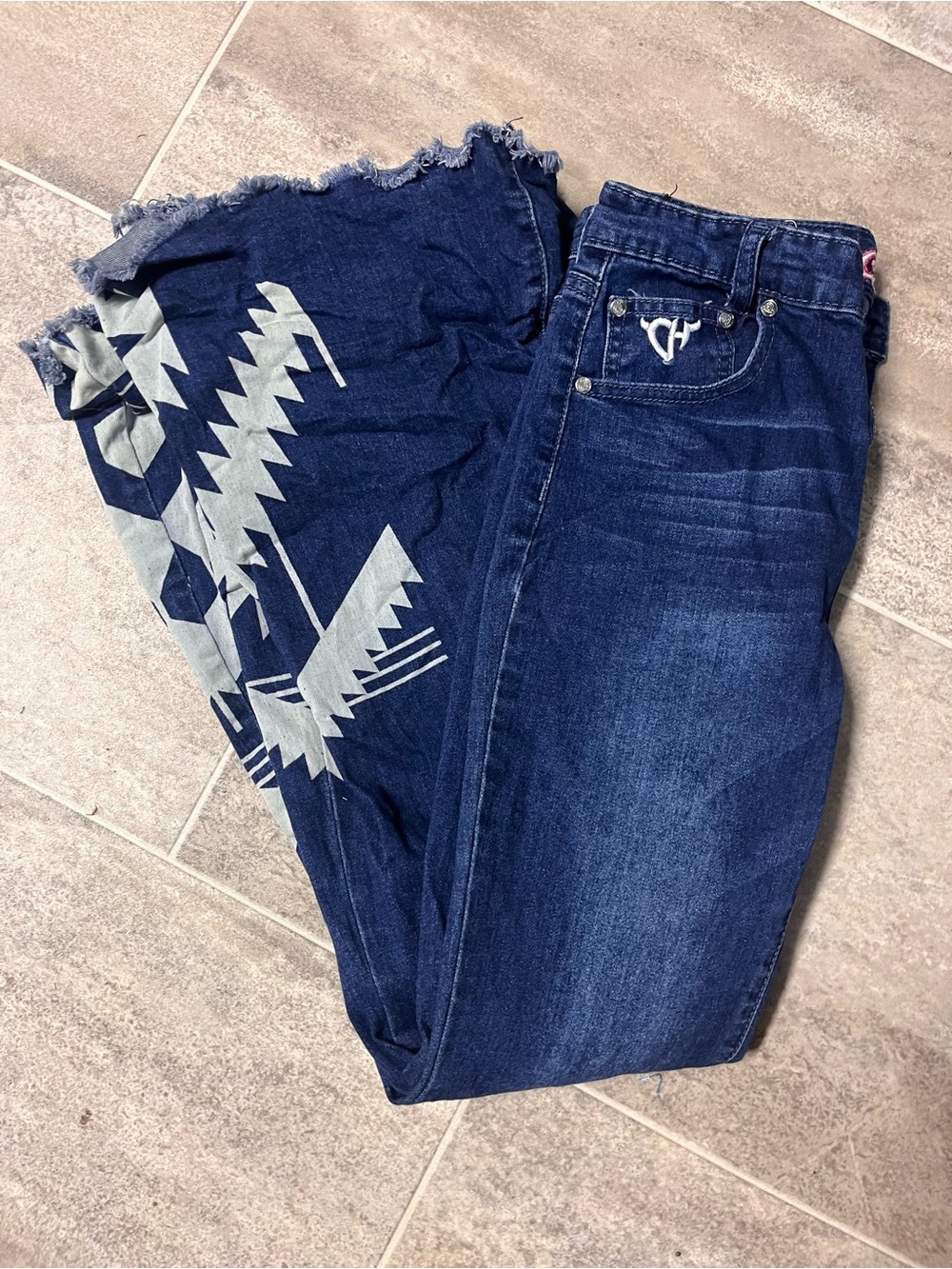 Girls Dark Blue Denim Jeans with Geometric Print Accent